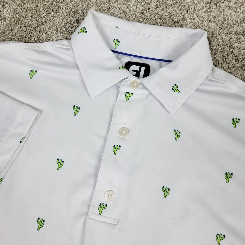 FootJoy Mens Small White AOP Cactus Performance Stretch Golf Polo Short Sleeve